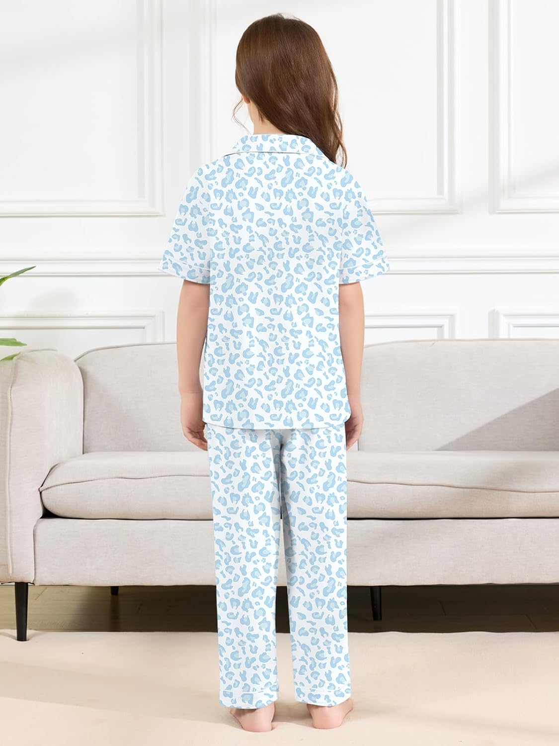 Schbbbta Girls Cotton Pajamas 2 Pcs Stretch PJS Button-Down Top with Pants.
