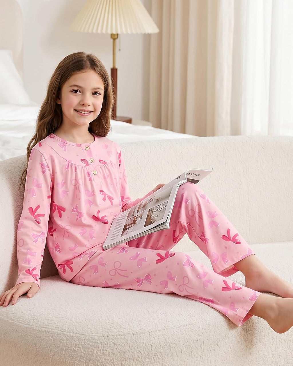 CARETOO Girls Pajamas Button Long Sleeve 2 Piece Pajama Set with Pants Printed Kids Sleepwear PJs for Girls 5-14 Years