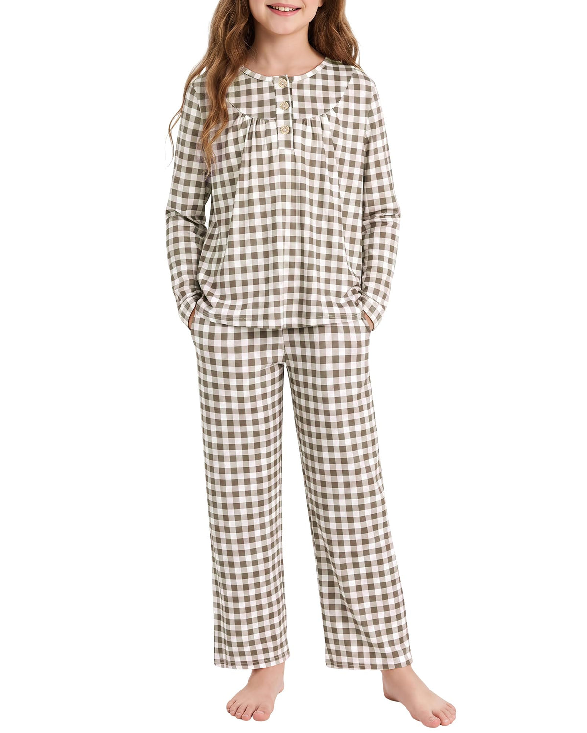 CARETOO Girls Pajamas Button Long Sleeve 2 Piece Pajama Set with Pants Printed Kids Sleepwear PJs for Girls 5-14 Years