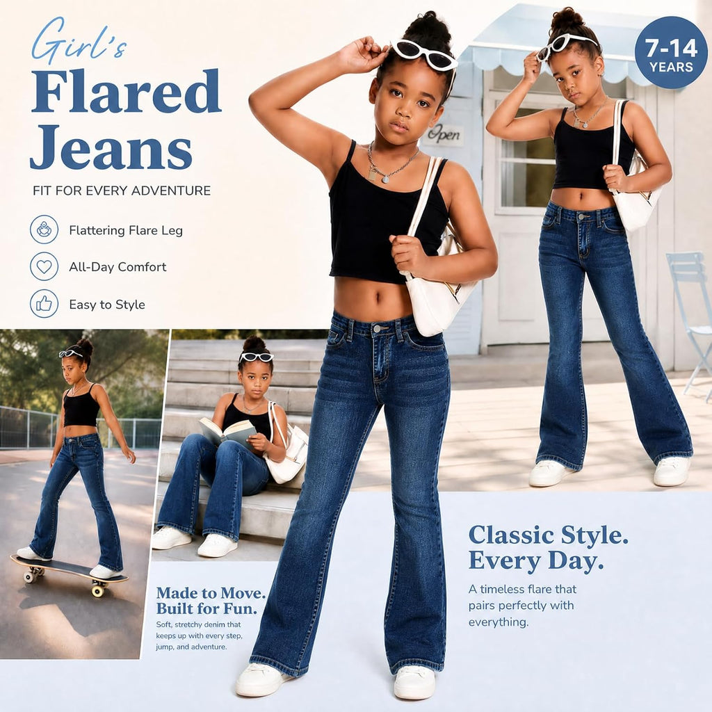 Girls Baggy Ripped Jeans Wide Straight Leg High Waisted Denim Pants 7-14Y