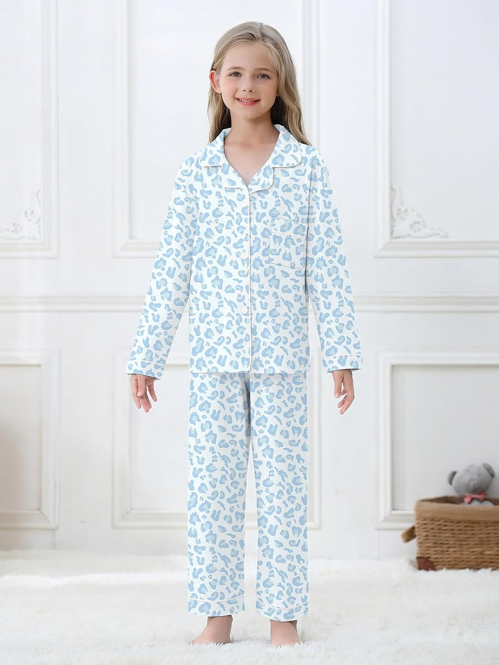 Schbbbta Girls Women Cotton Pajama Set, 2Pcs Soft Stretch Button Down Pjs Long Sleeve Sleepwear, 5 Years-Large