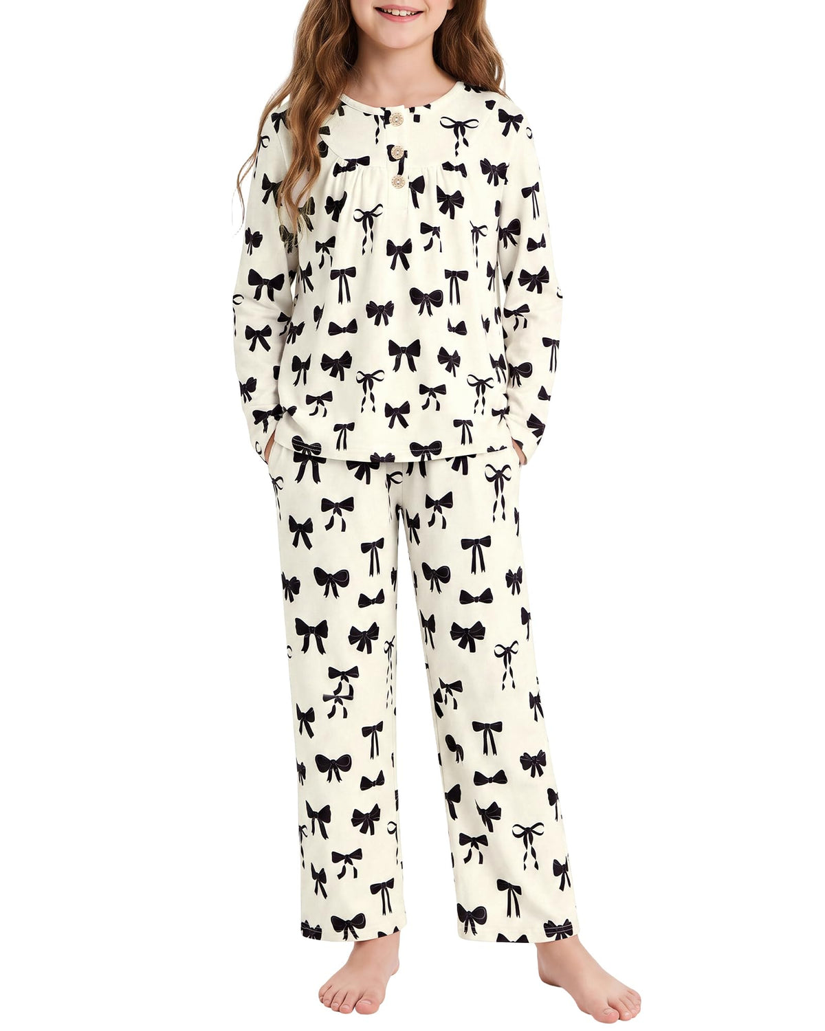 CARETOO Girls Pajamas Button Long Sleeve 2 Piece Pajama Set with Pants Printed Kids Sleepwear PJs for Girls 5-14 Years