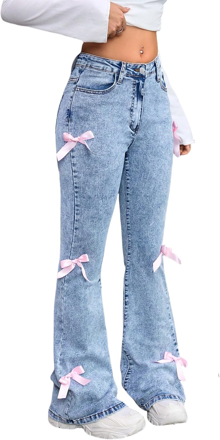 oyyniis Girls Bell Bottom Jeans High Waist Stretch Bow Denim Pants 8-16Y