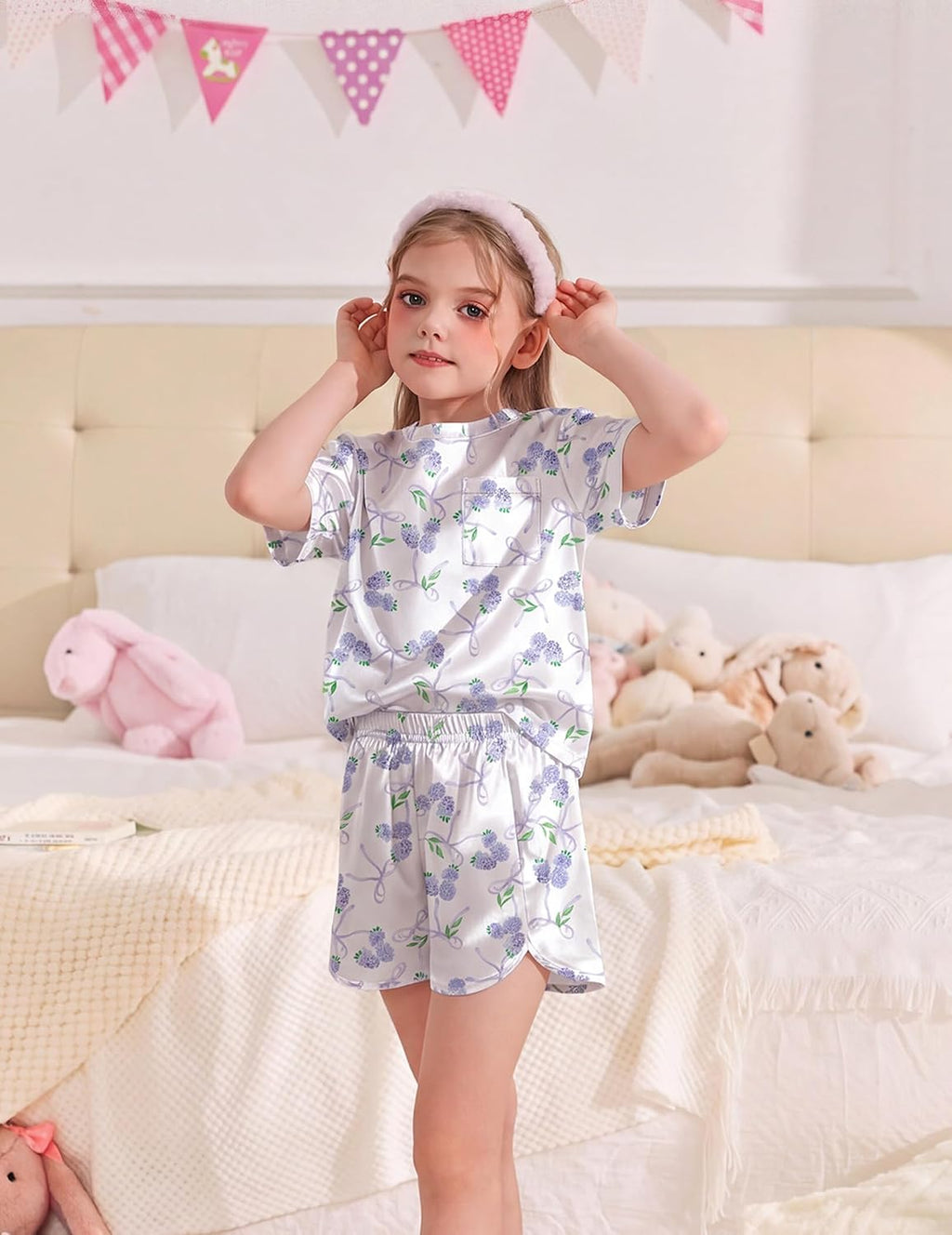 Arshiner Silky Girls Pajamas 3 Pcs Satin Short Sleeve Pjs Sleepwear Sets