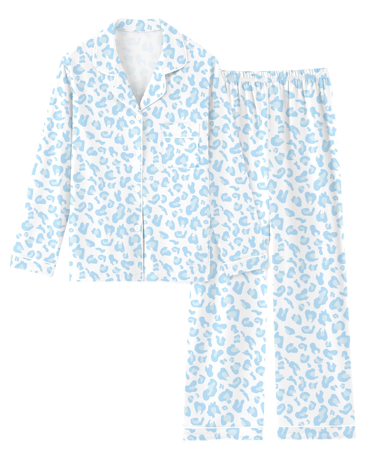 Schbbbta Girls Women Cotton Pajama Set, 2Pcs Soft Stretch Button Down Pjs Long Sleeve Sleepwear, 5 Years-Large