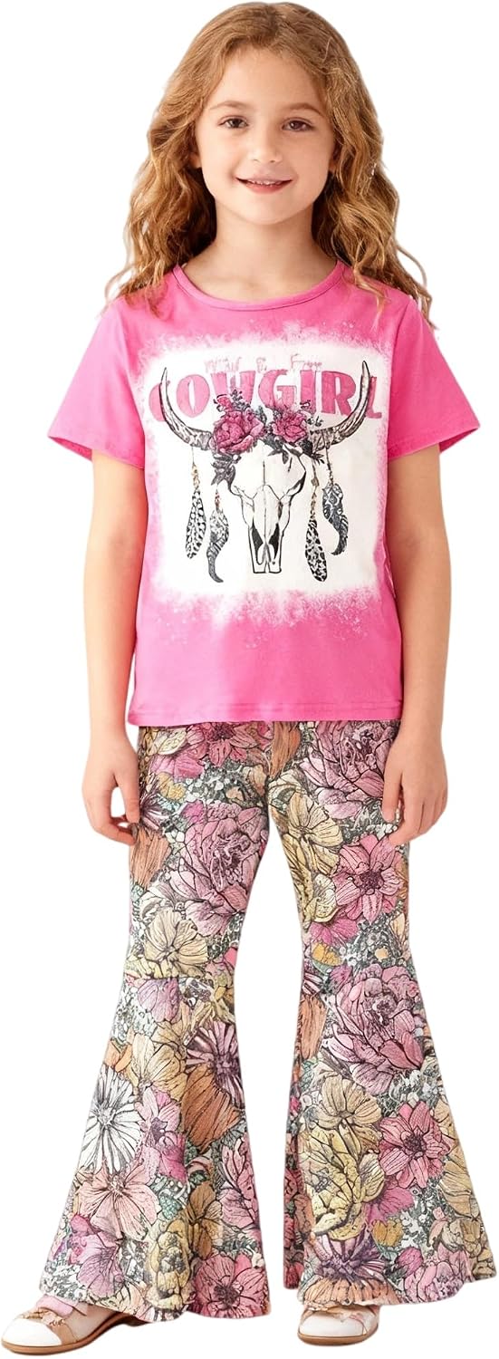 Girls Flare Pants Sets, Toddler & Big Kids 2-Piece Graphic Tee and Bell Pants Clothing Set Stretchy Outfits 3-Pack