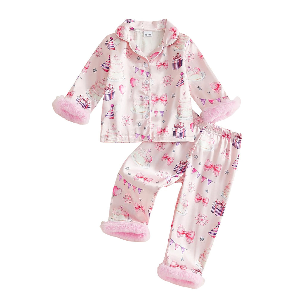 Kuriozud Kids Toddler Girl Pajamas Fuzzy Trim Button Down Shirt Pants 1-7Y