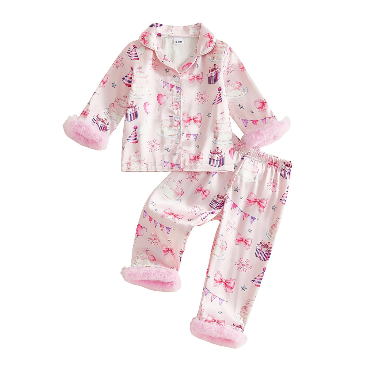 Kuriozud Kids Toddler Girl Pajamas Fuzzy Trim Button Down Shirt Pants 1-7Y