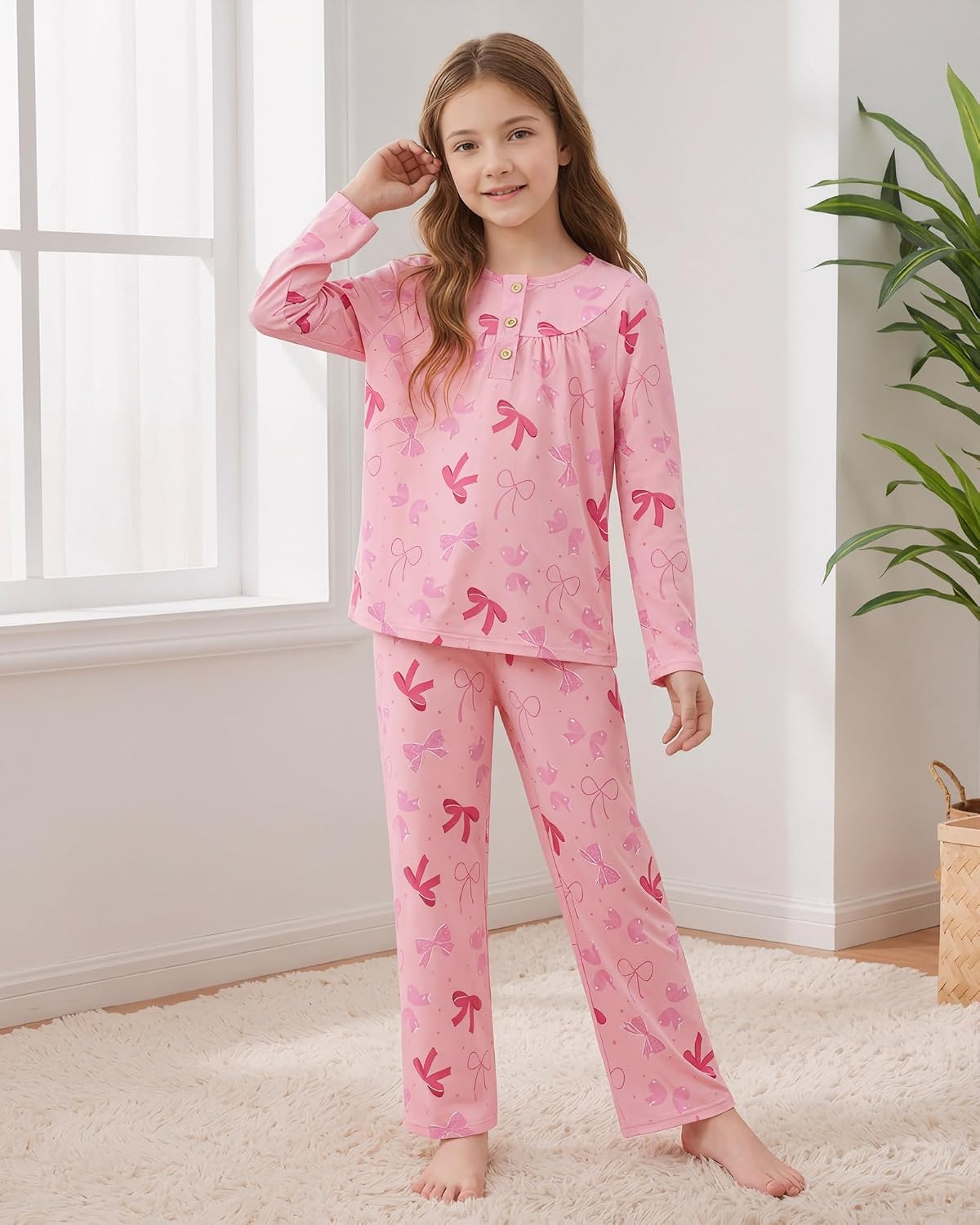 CARETOO Girls Pajamas Button Long Sleeve 2 Piece Pajama Set with Pants Printed Kids Sleepwear PJs for Girls 5-14 Years