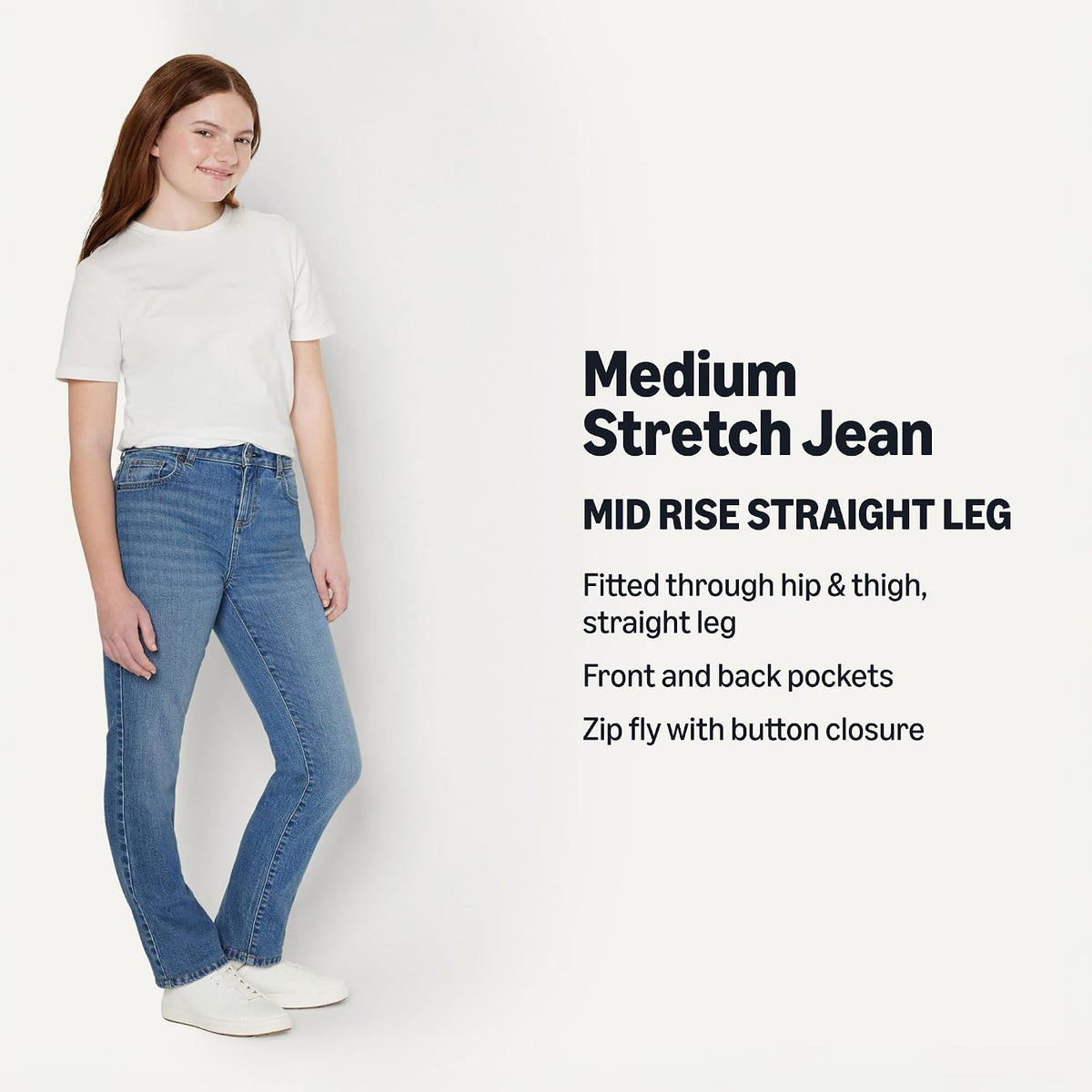 Amazon Essentials Girls' Medium Stretch Mid-Rise Straight-Fit Jean