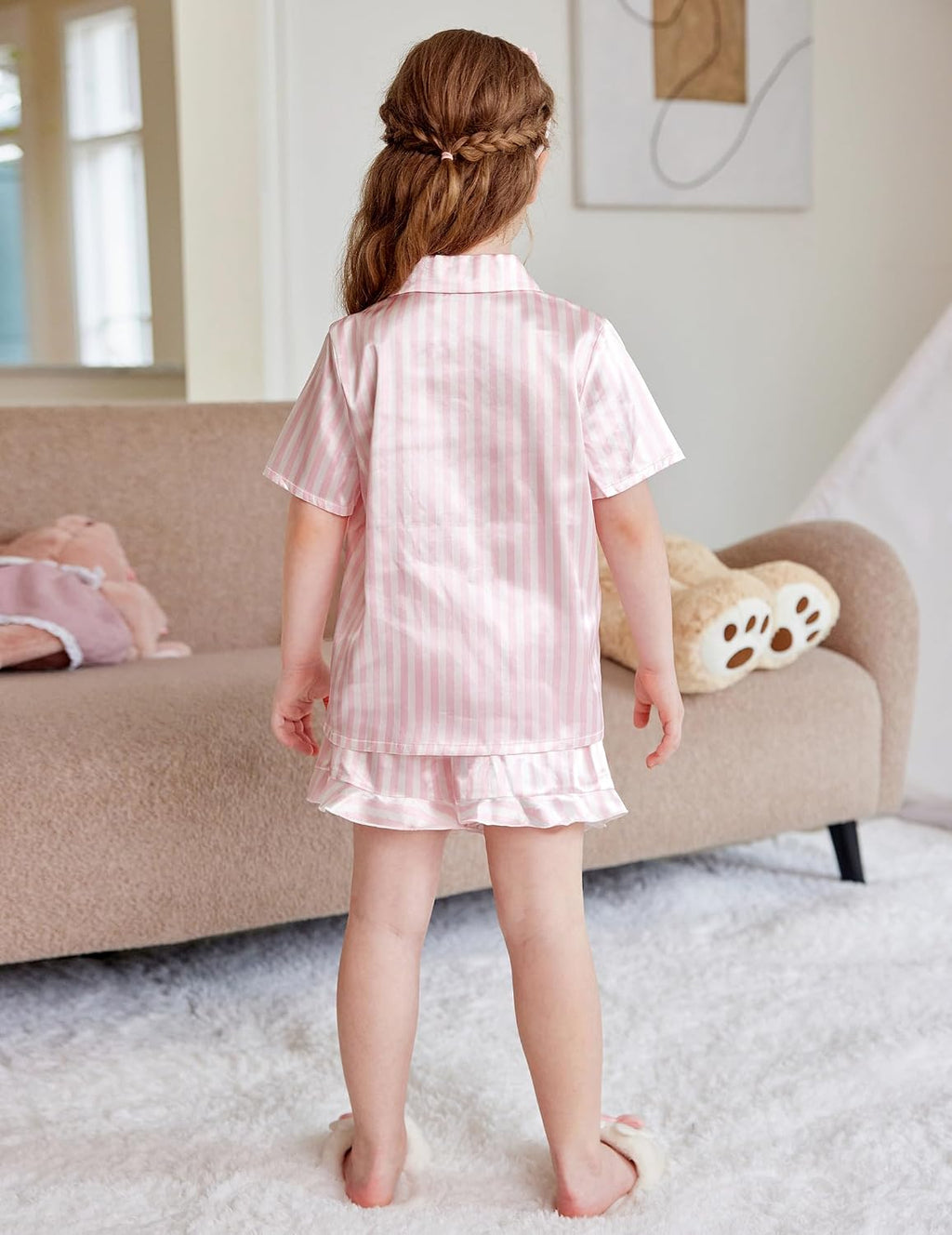 Arshiner Girls Pajamas Satin Pajama Set Silky Button Pjs Ruffle Sleepwear