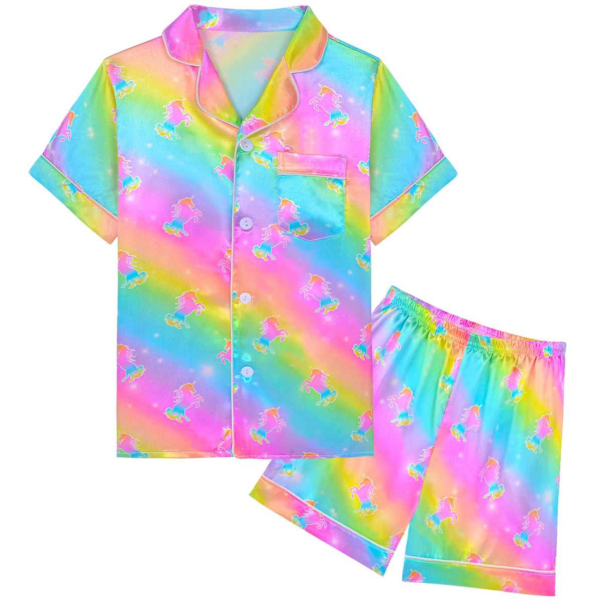 Girls Pajamas Satin Short Sleeve Button Down Silky Pjs Girls' Sleepwear Set for Toddler Kids 3T-10Y