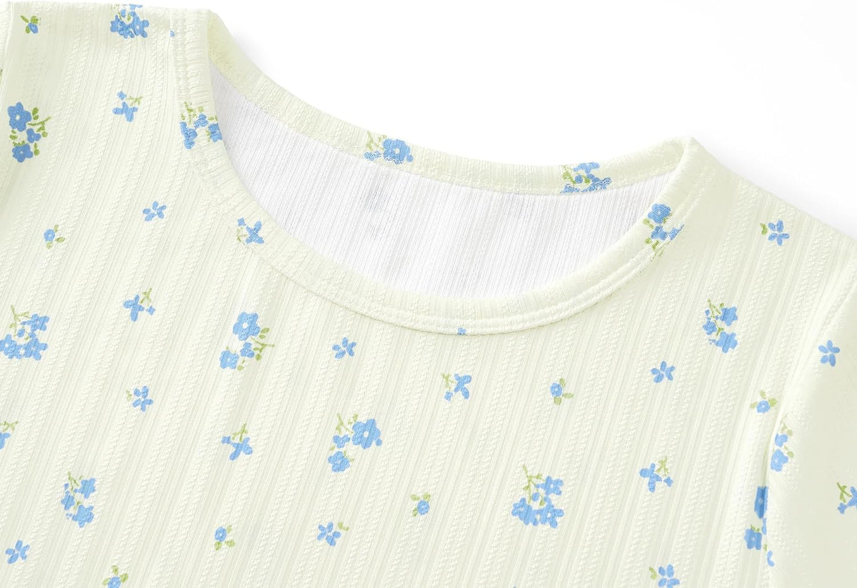 Beezizac Girls Pointelle Pajama Floral Print Short Sleeve Set Sizes 6-18