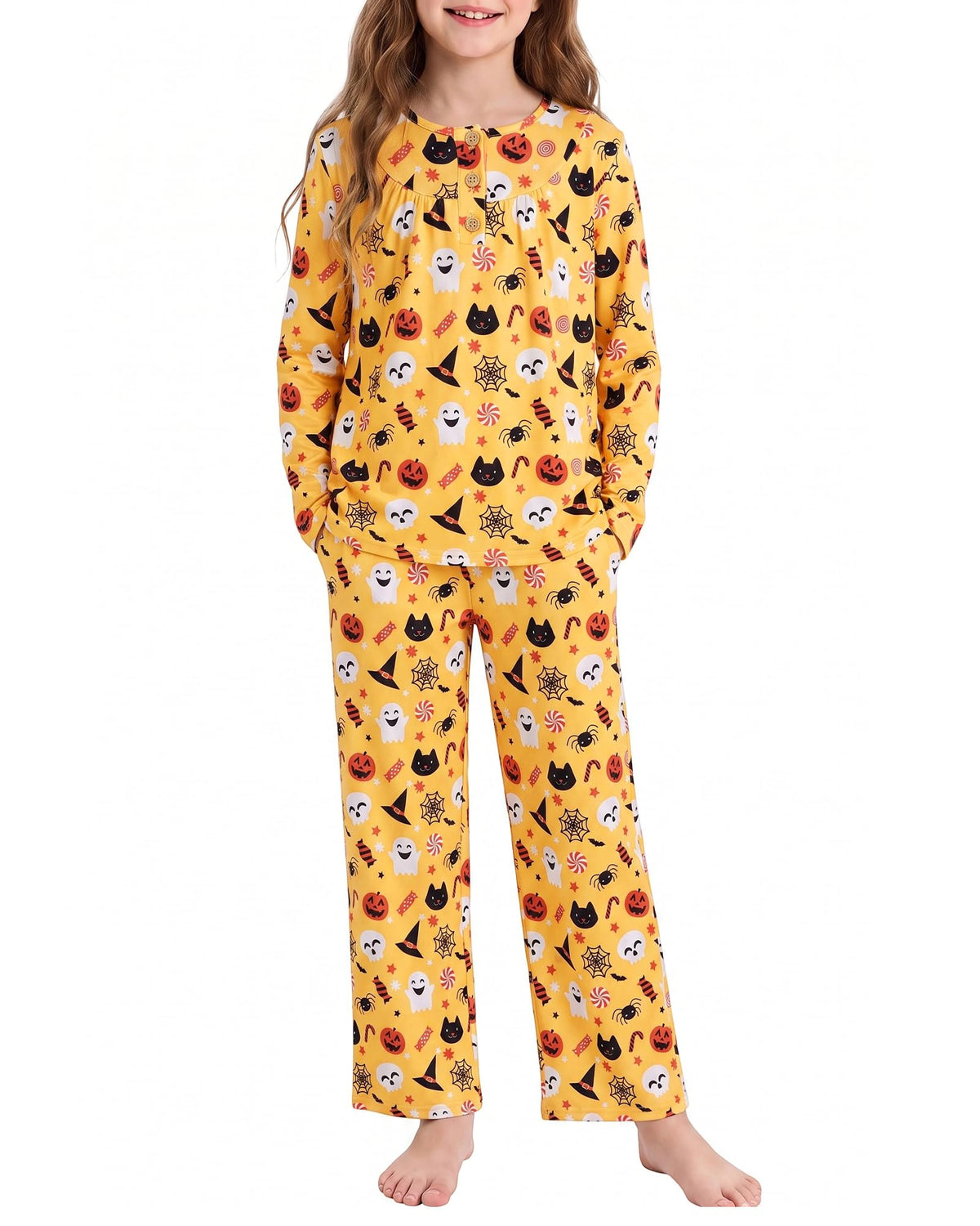 CARETOO Girls Pajamas Button Long Sleeve 2 Piece Pajama Set with Pants Printed Kids Sleepwear PJs for Girls 5-14 Years