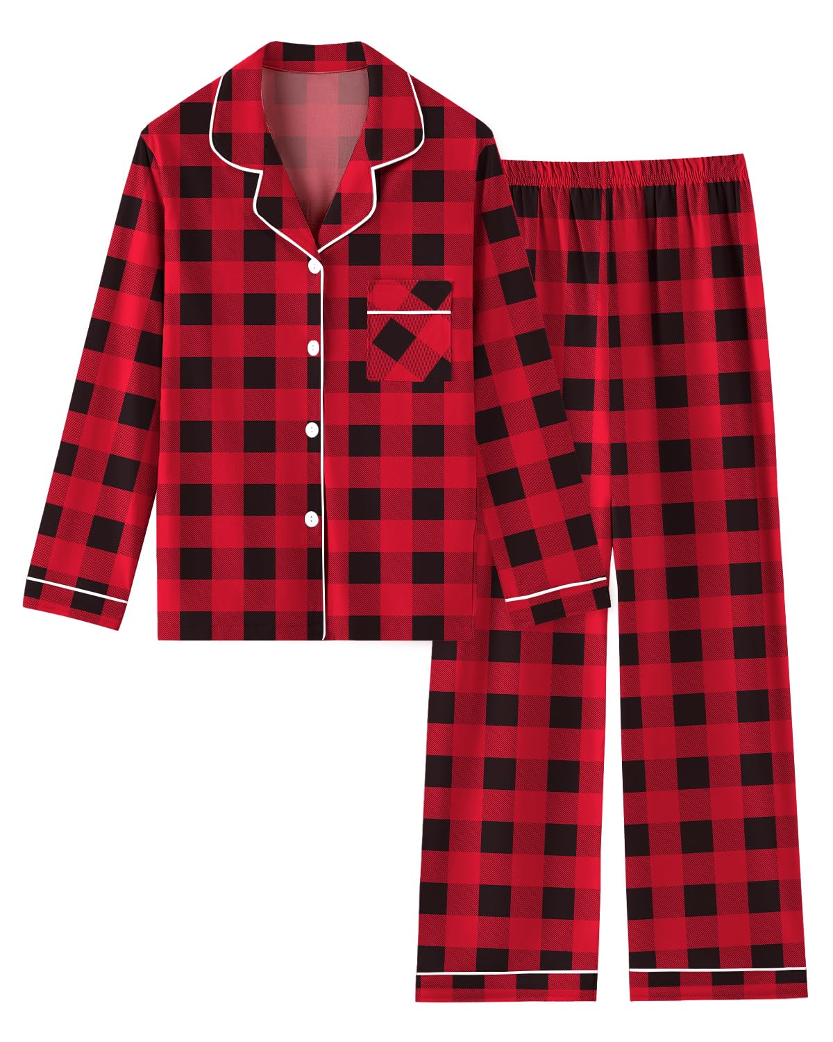 Schbbbta Girls Women Cotton Pajama Set, 2Pcs Soft Stretch Button Down Pjs Long Sleeve Sleepwear, 5 Years-Large