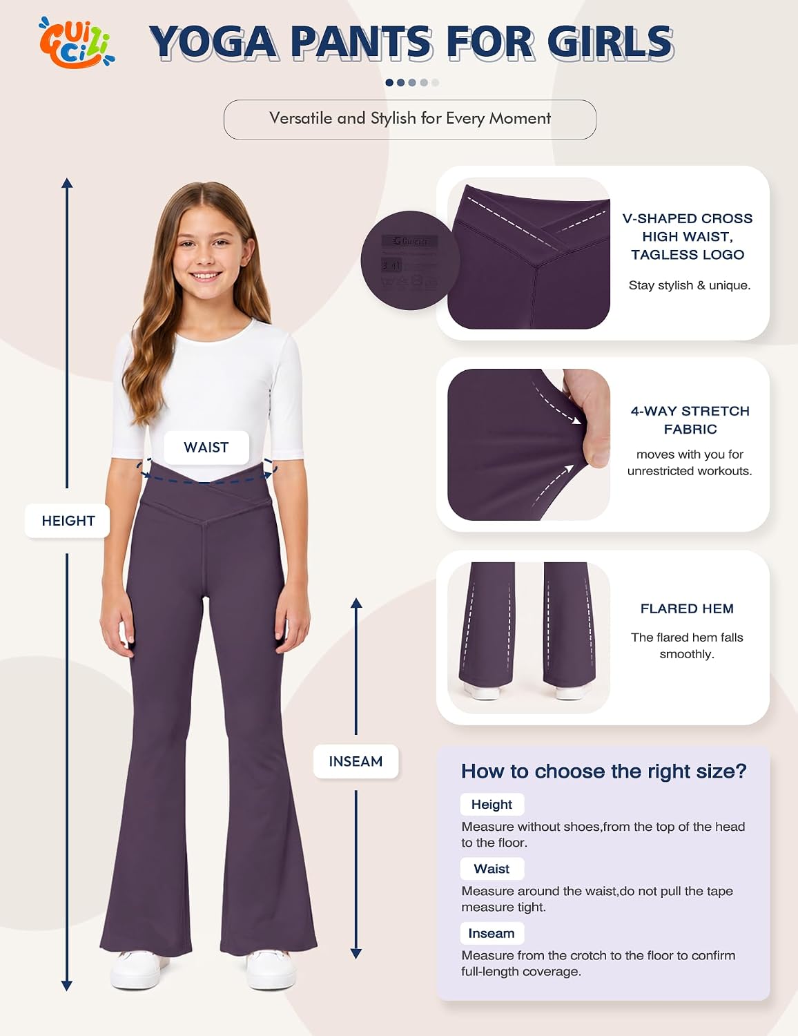 Girls Flare Leggings Yoga Pants Cross Over High Waisted Bell Bottom Pants for Kids Stretchy Casual Bootcut Leggings for Dance Activewear Full Length Mulberry Purple 9Y-10Y