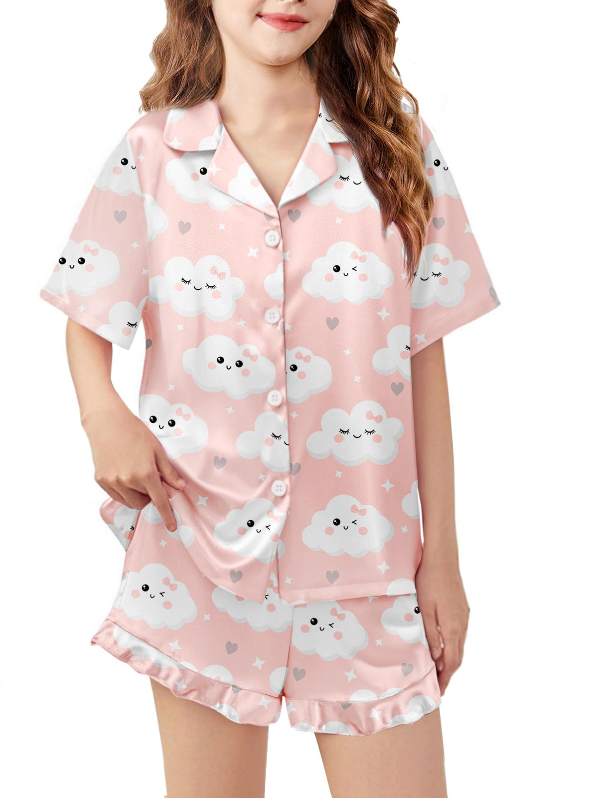 Arshiner Girls Pajamas Satin Pajama Set Silky Button Pjs Ruffle Sleepwear