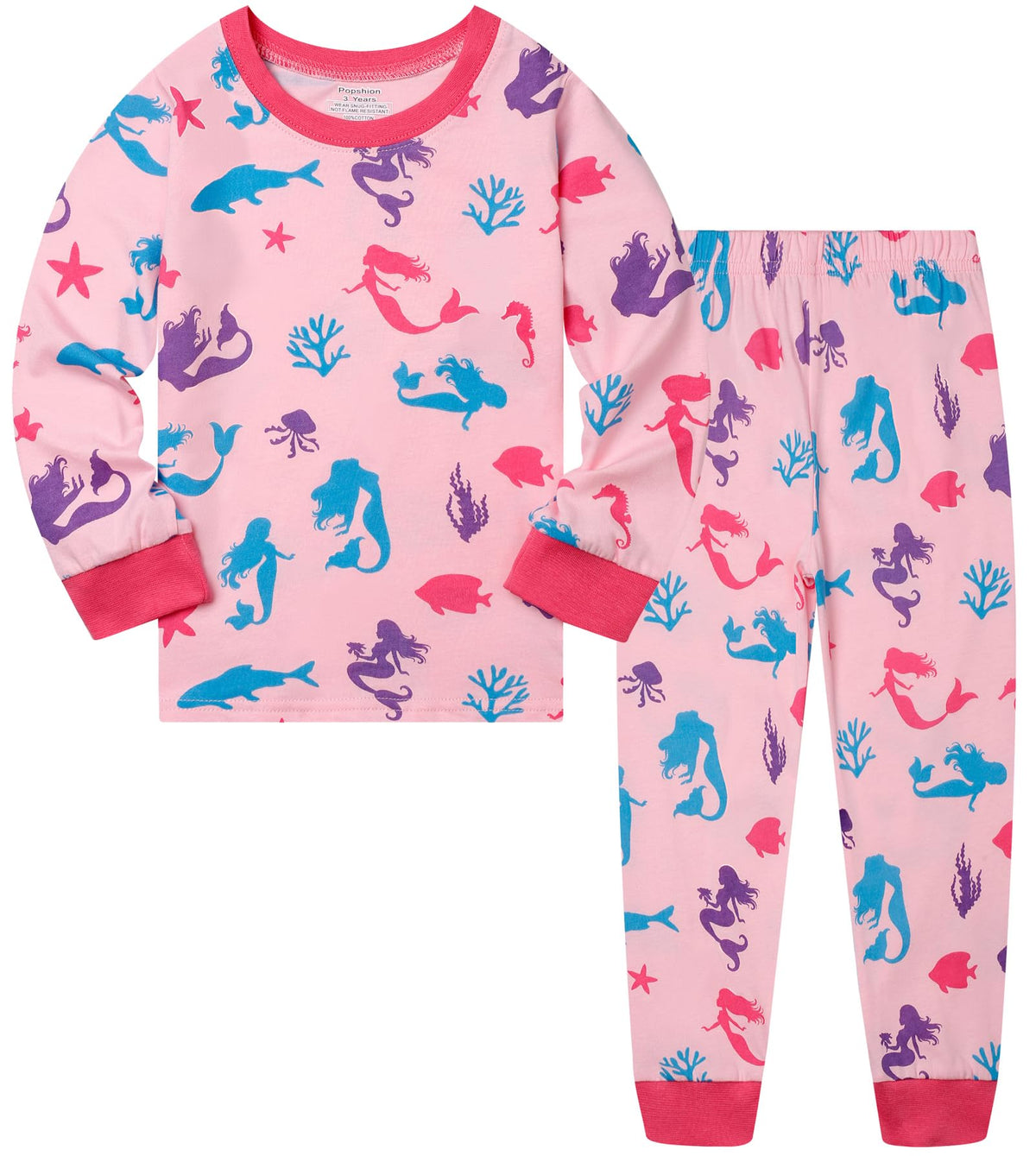Popshion Little Girls Mermaid Pajamas 2 Piece Set 100% Cotton Sleepwear Toddler Clothes for Kids Baby Ladybug Style PJs
