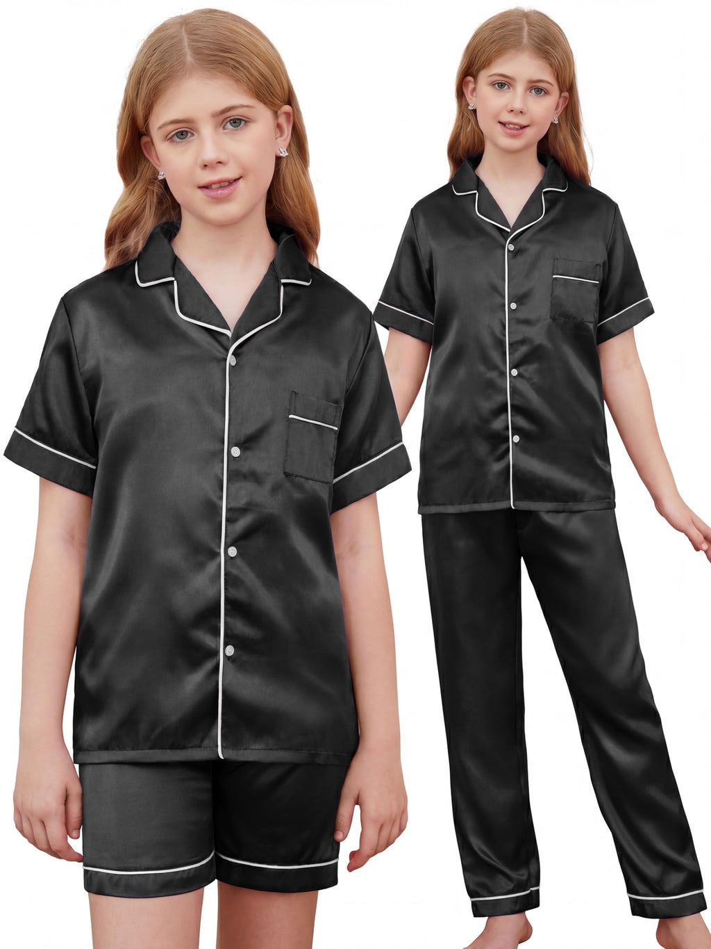 IHU 4 Piece Girls Pajamas Silk Satin PJs Boys Button Down Short Sleeve Set
