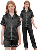 IHU 4 Piece Girls Pajamas Silk Satin PJs Boys Button Down Short Sleeve Set