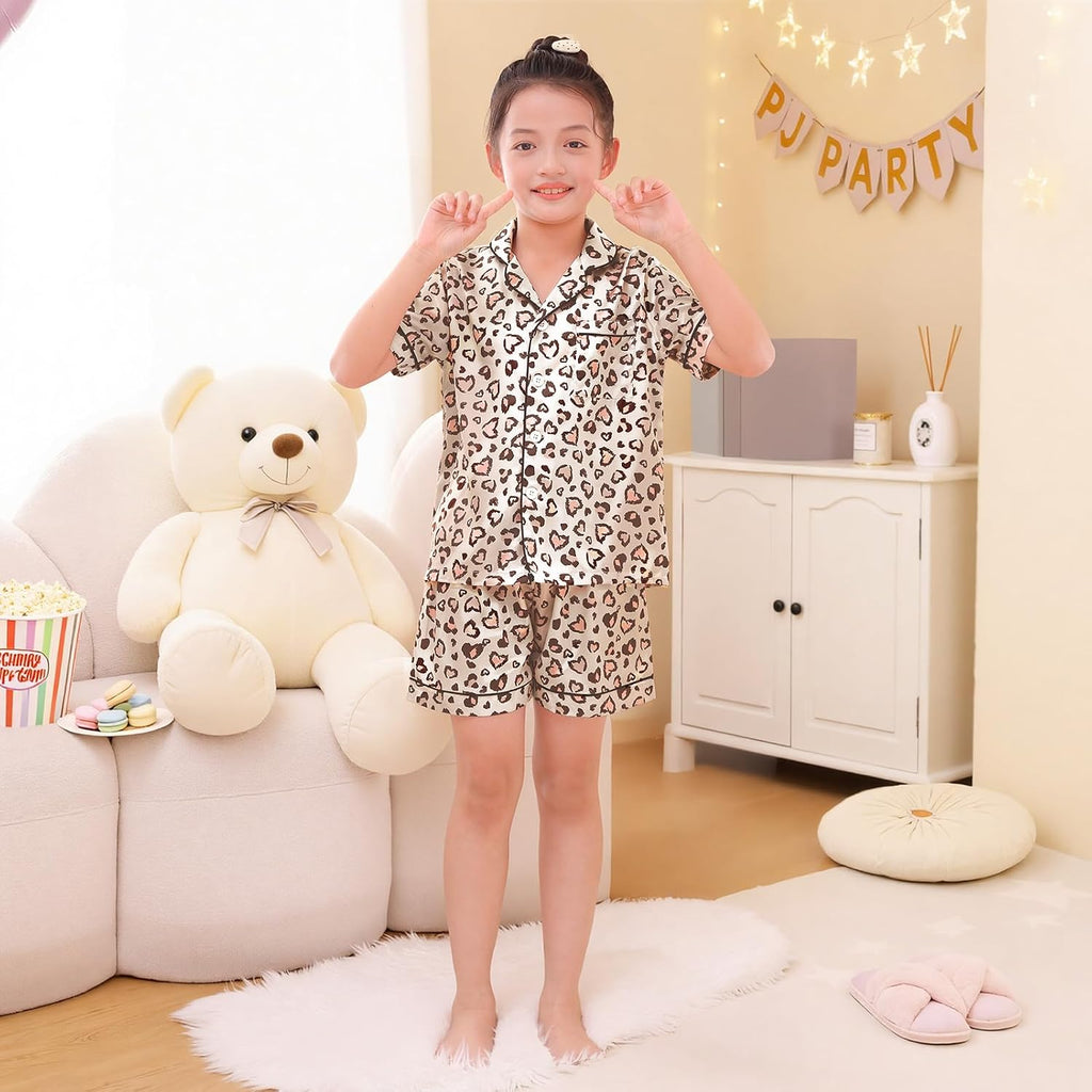 ICOSY Girls Pajamas Set, Satin Pjs Sleepwear for Kids 6-15Y