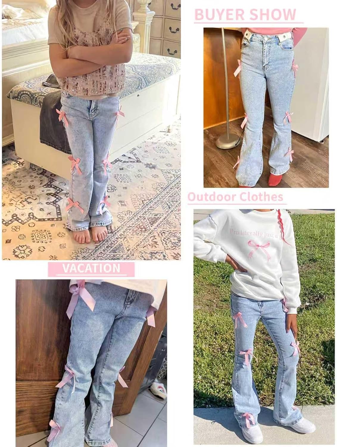 oyyniis Girls Bell Bottom Jeans High Waist Stretch Bow Denim Pants 8-16Y