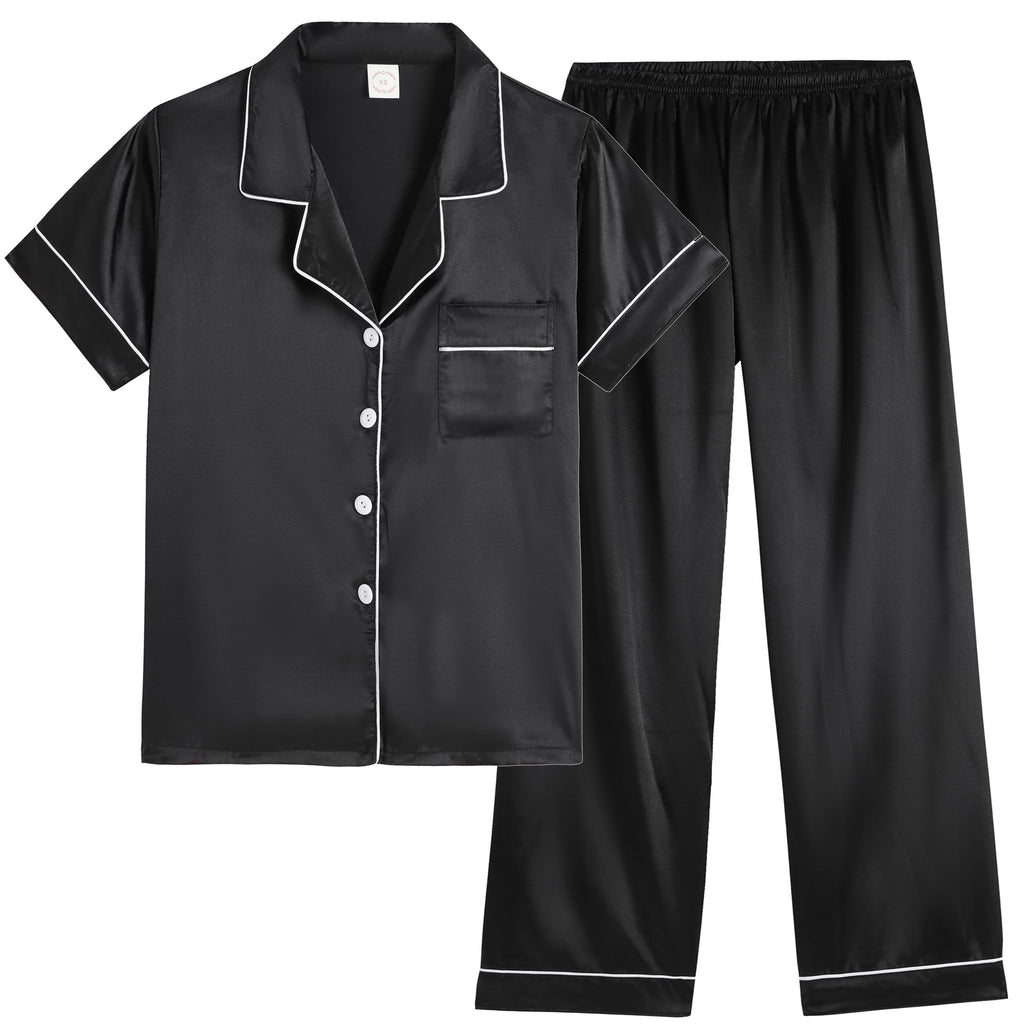 Vopmocld Button Down Satin Pajamas Kids Short Sleeve Long Pant Silky Pyjama