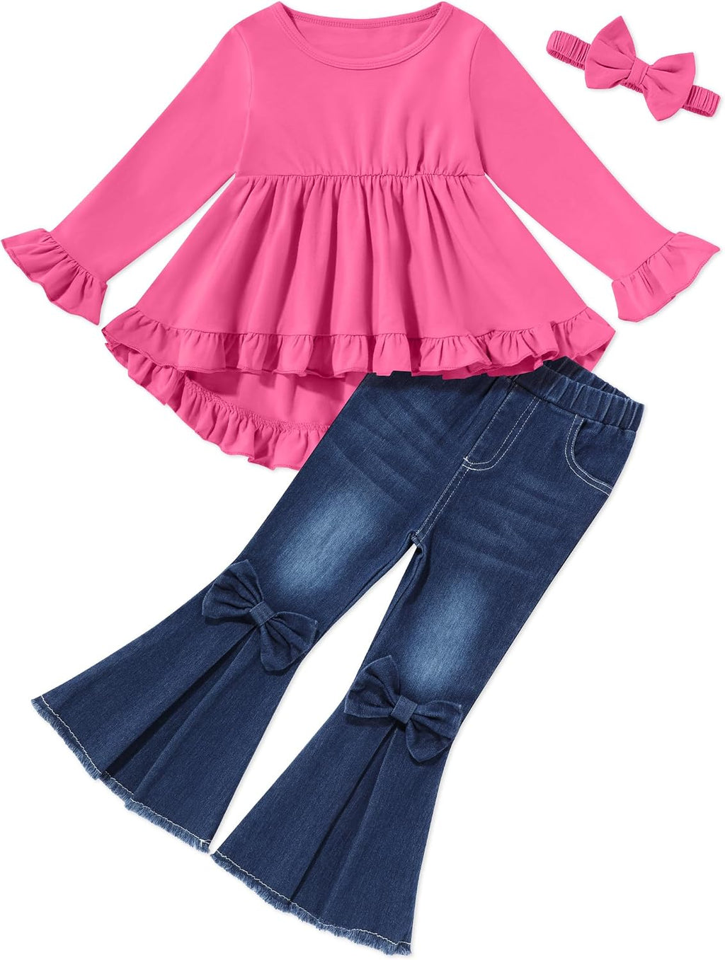 oklady Todder Kids Girls Clothes Solid Color Ruffles Top Bow Flared Jeans 2PCS Fall Girls Clothing Set 18M-7Years