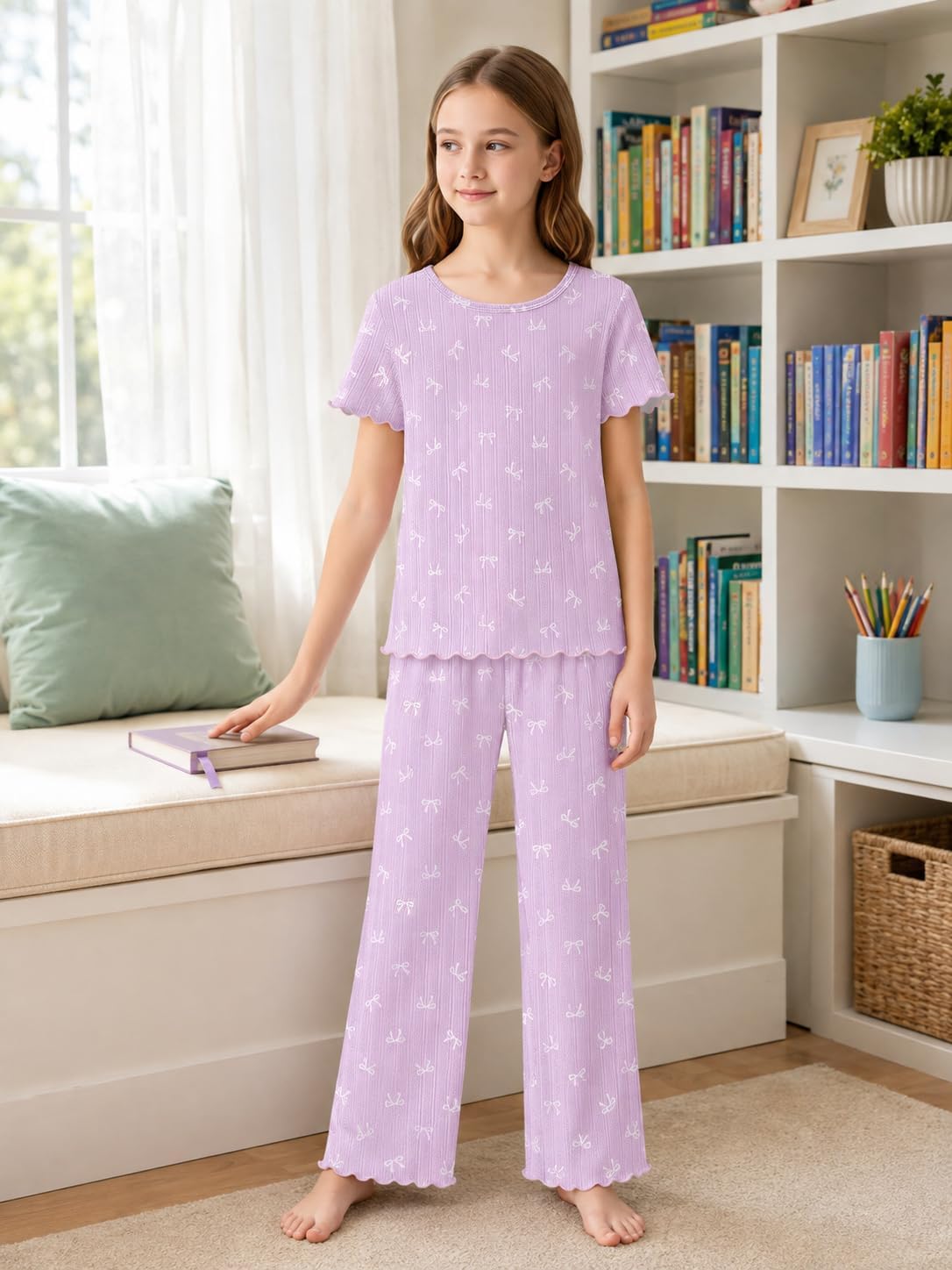 Beezizac Girls Pointelle Knit Pajamass, Flared Wide-Leg Pants, Sizes 6-18