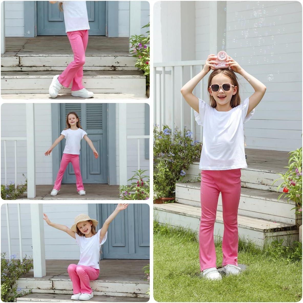 4 Pack Girls Flare Leggings Ribbed Cotton Pants Bell Bottoms