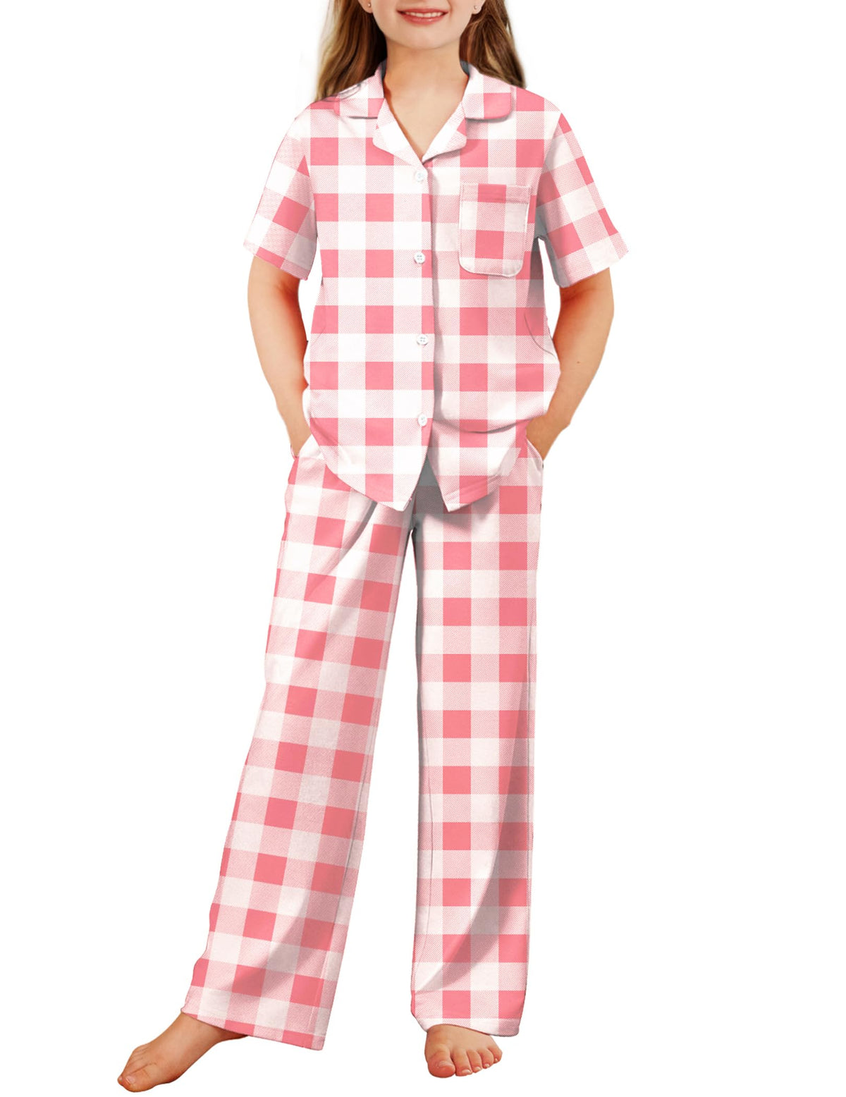 Arshiner Pajamas for Girls Short Sleeve Long Pants Sleepwear Button Pjs Set