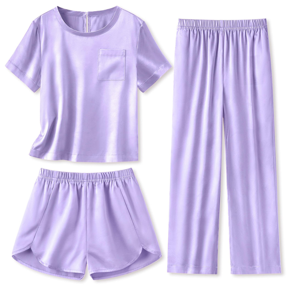Arshiner Silky Girls Pajamas 3 Pcs Satin Short Sleeve Pjs Sleepwear Sets