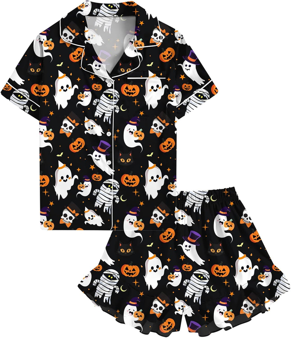 UNIFACO Girls Silk Satin Pajama Set, Short Sleeve Button Down PJs