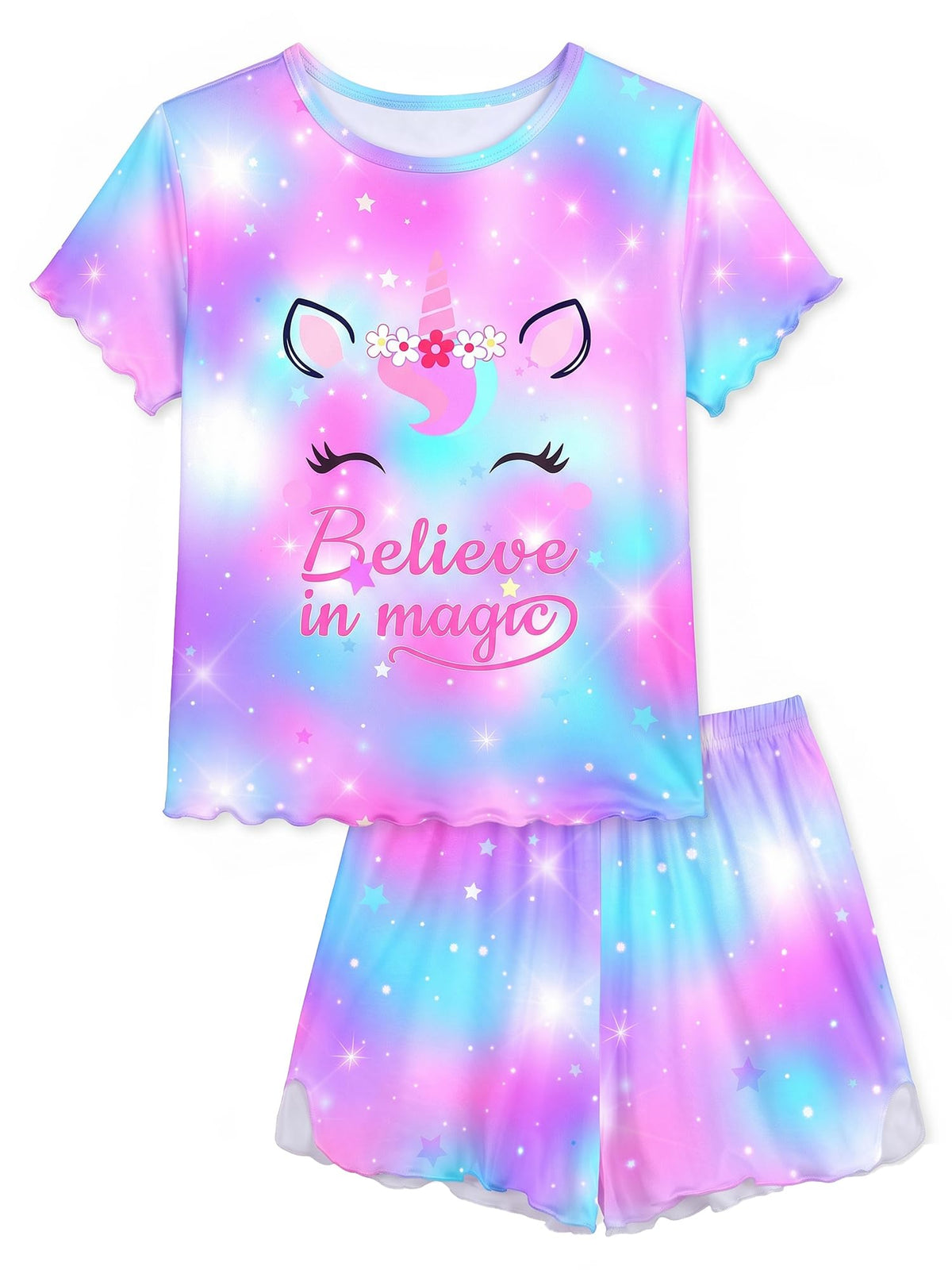 MHJY Girls Pajama Set 2 Piece Ruffled Short Sleeve Summer Sleepwear