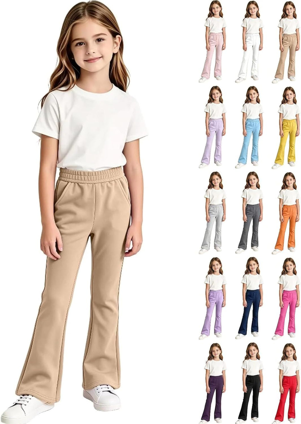 Girls Sweatpants Kids Stretchy Elastic Waist Flare Leg Fleece Cute Uniform Track Sweat Pants with Pockets 5-14 Years