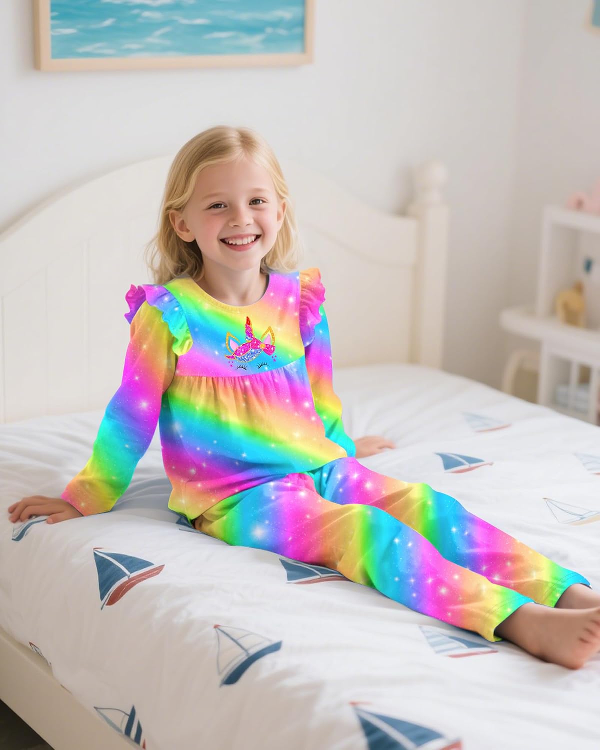 Girls Pajamas Long Sleeve, Unicorn Pajamas Set Toddler Pjs PJ Sleepwear Casual Wear for Kids 3-10 Years