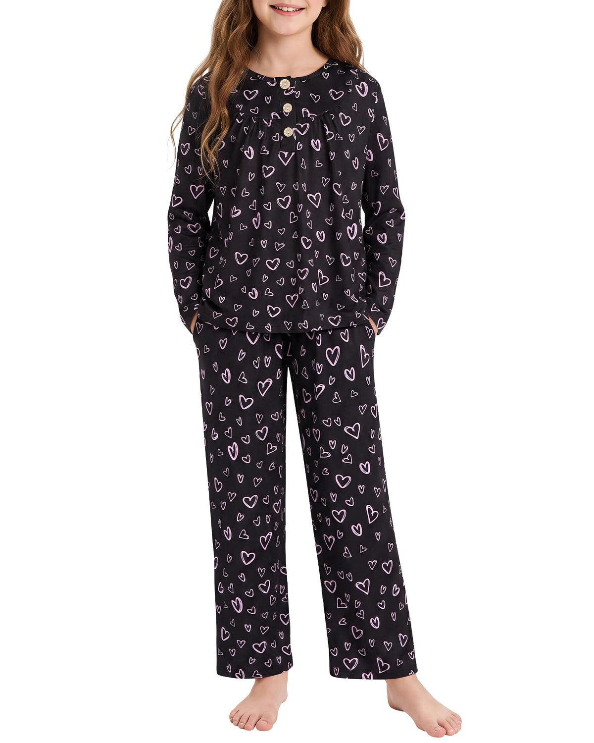 CARETOO Girls Pajamas Button Long Sleeve 2 Piece Pajama Set with Pants Printed Kids Sleepwear PJs for Girls 5-14 Years