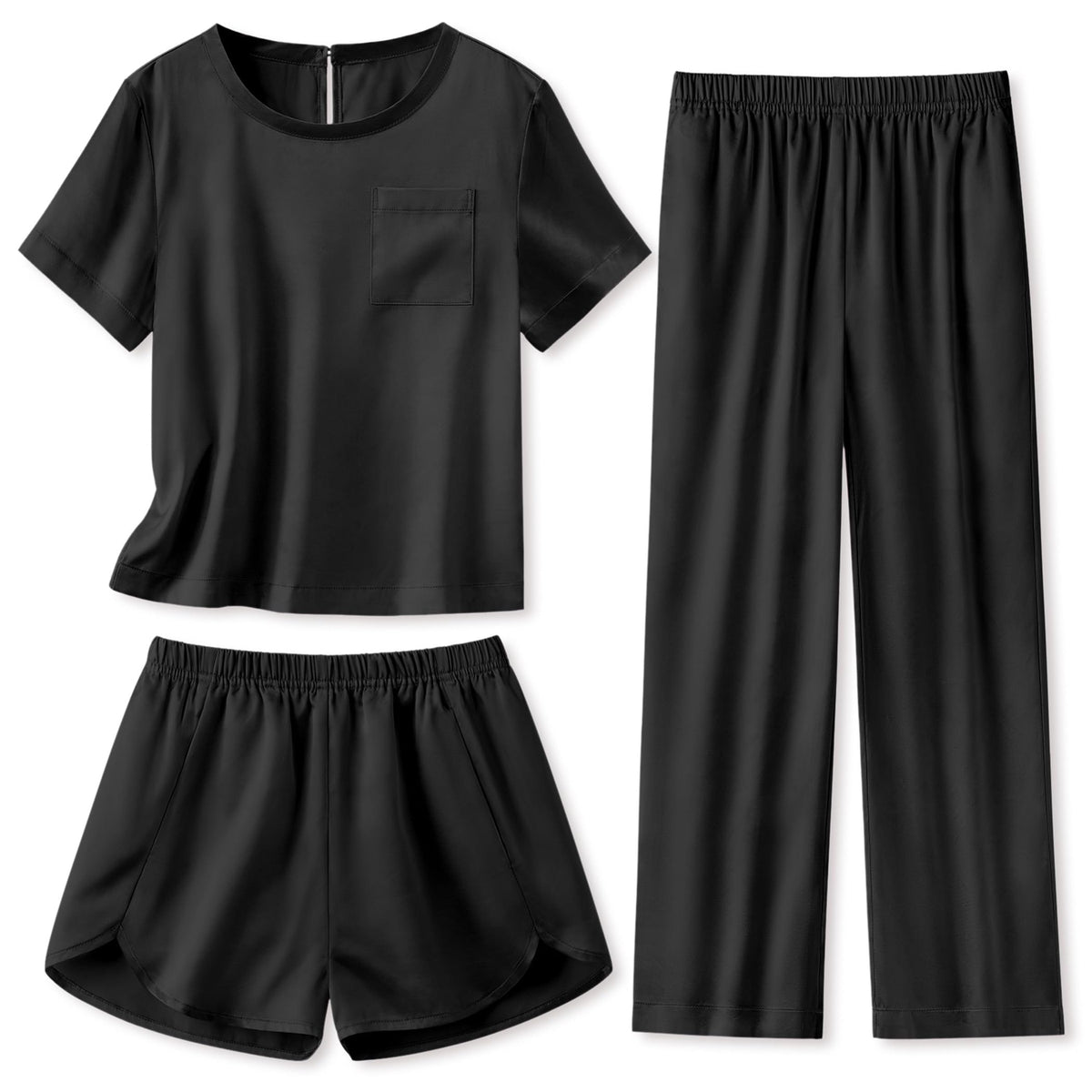 Arshiner Silky Girls Pajamas 3 Pcs Satin Short Sleeve Pjs Sleepwear Sets