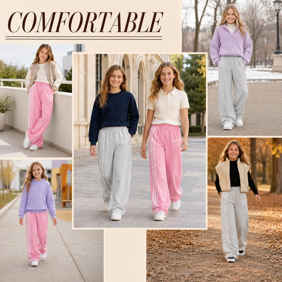 2 Pack Girls Wide Leg Sweatpants Bow Print Side Stripe Baggy Track Pants