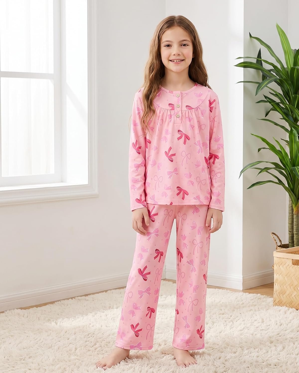 CARETOO Girls Pajamas Button Long Sleeve 2 Piece Pajama Set with Pants Printed Kids Sleepwear PJs for Girls 5-14 Years