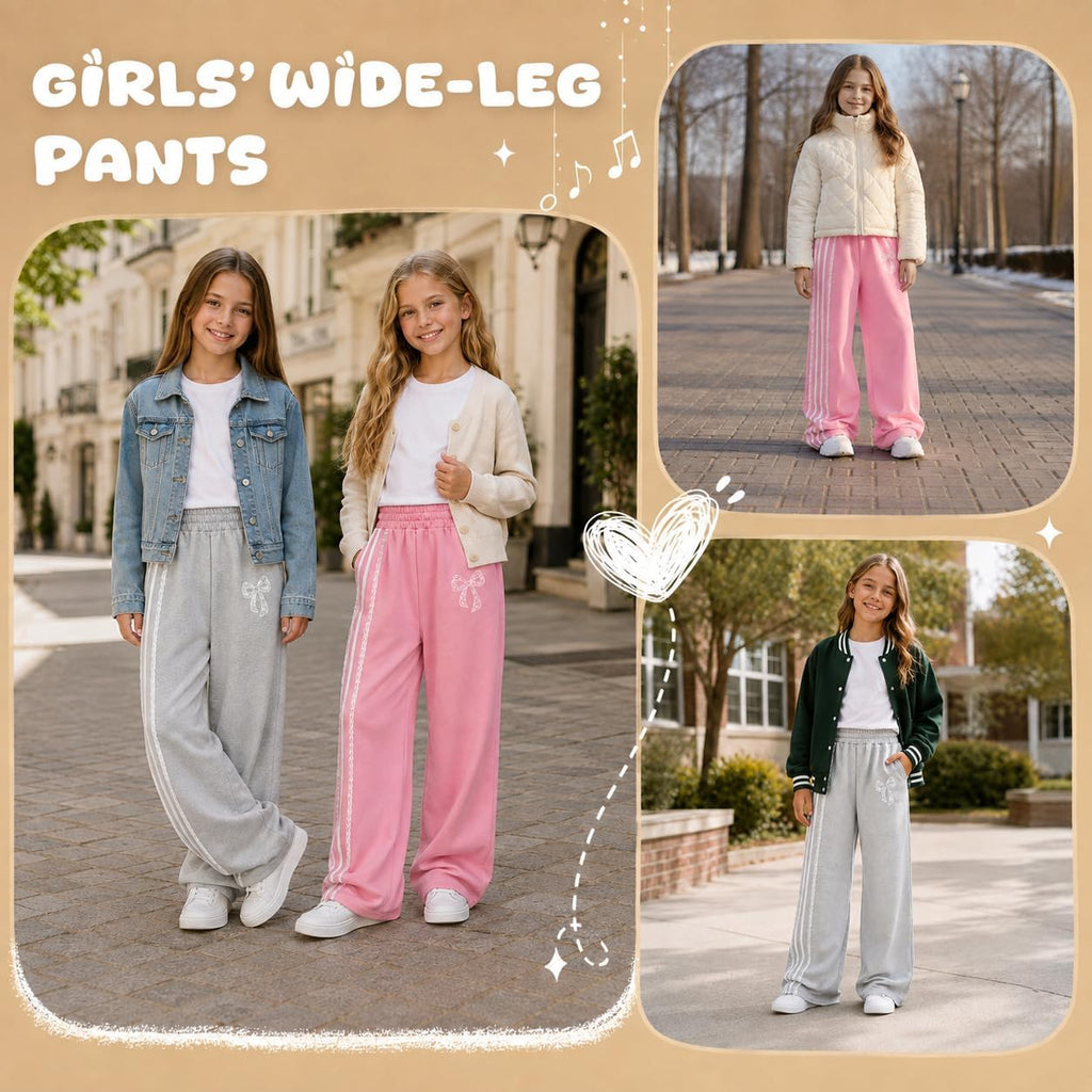 2 Pack Girls Wide Leg Sweatpants Bow Print Side Stripe Baggy Track Pants
