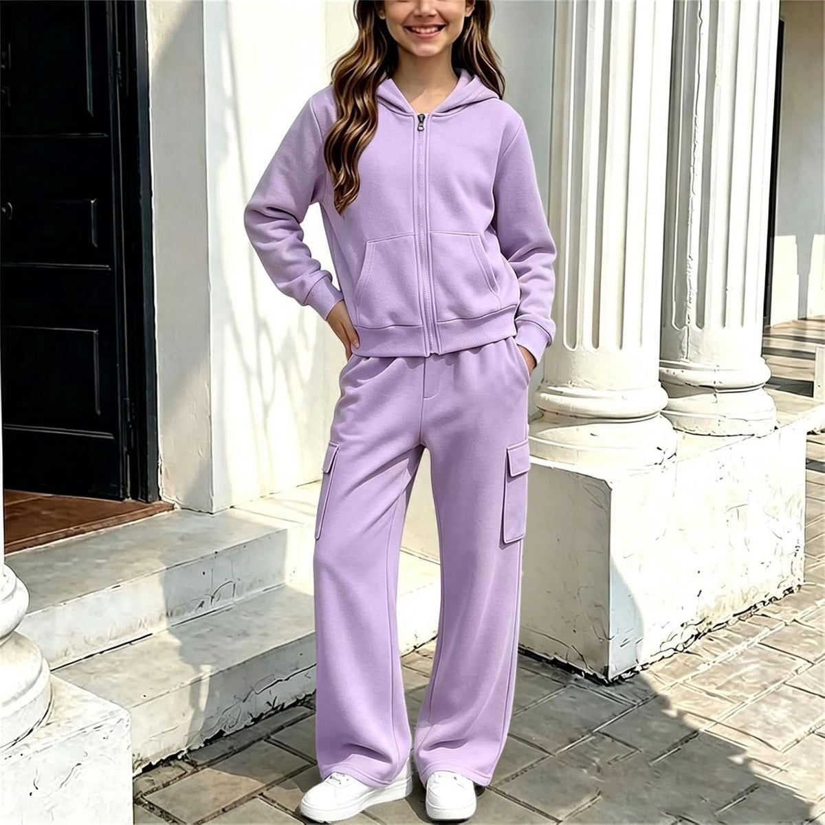 Girls Sweatsuit Fall Winter Kid Zip Up Hoodie And Cargo Sweatpants Set