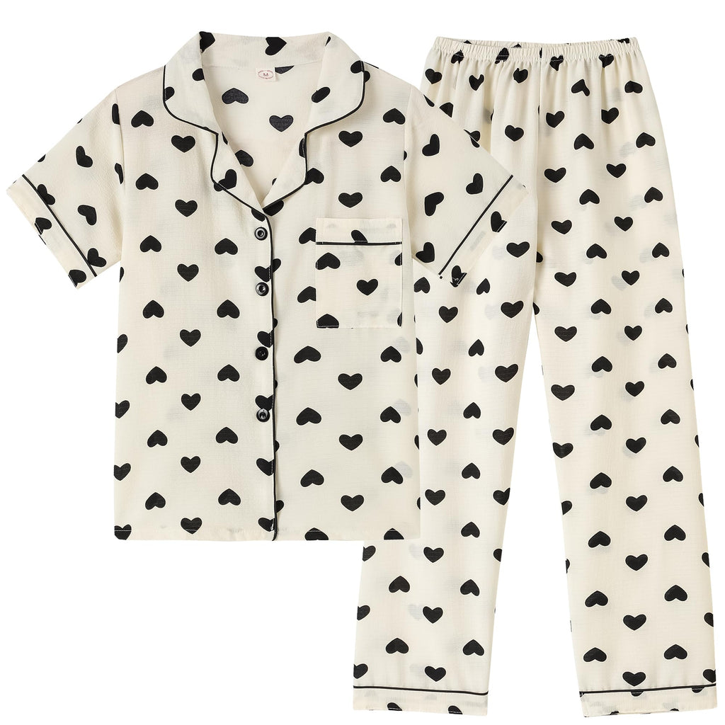 Vopmocld Button Up Pajama Sets Crepe Short Sleeve Top & Long Pant Size 8-18