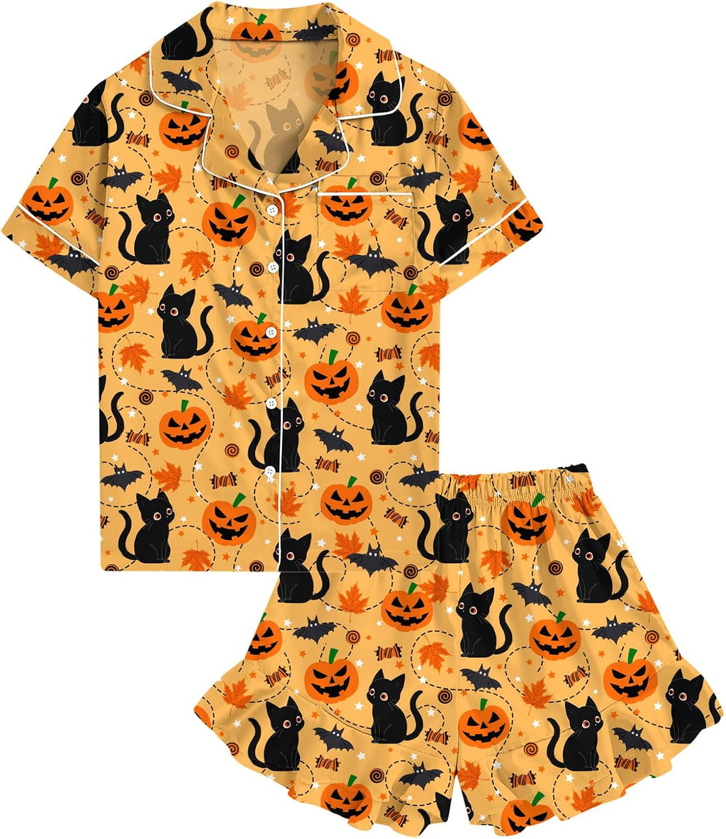 UNIFACO Girls Silk Satin Pajama Set, Short Sleeve Button Down PJs