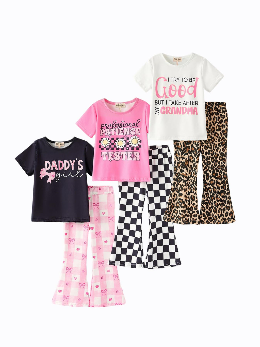 Girls Flare Pants Sets, Toddler & Big Kids 2-Piece Graphic Tee and Bell Pants Clothing Set Stretchy Outfits 3-Pack