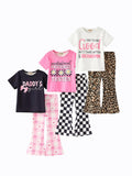 Girls Flare Pants Sets, Toddler & Big Kids 2-Piece Graphic Tee and Bell Pants Clothing Set Stretchy Outfits 3-Pack