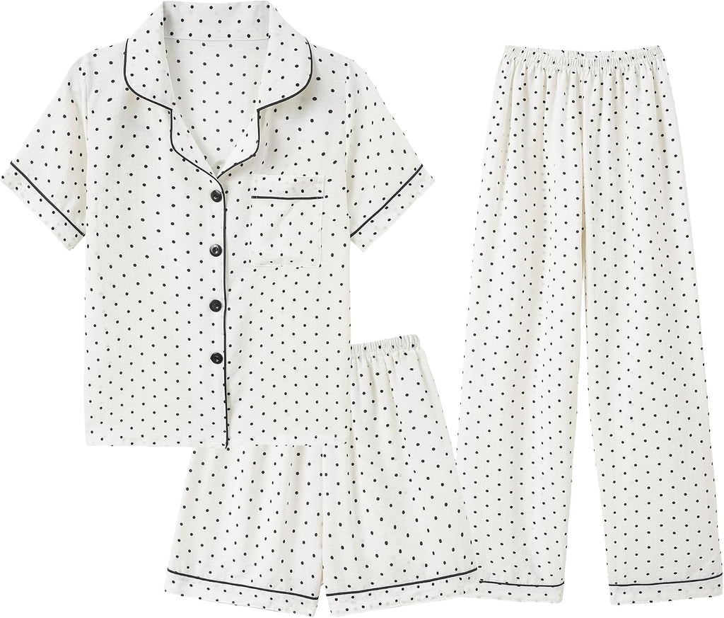 Hupohoi Big Girls Button Down Pajama Set 3pcs Crepe Fabric Sleepwear Nighty