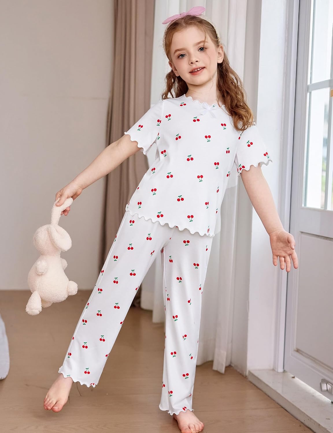 Arshiner Girls Pajamas Short Sleeve Long Pant Sleepwear Soft Shirring Pjs
