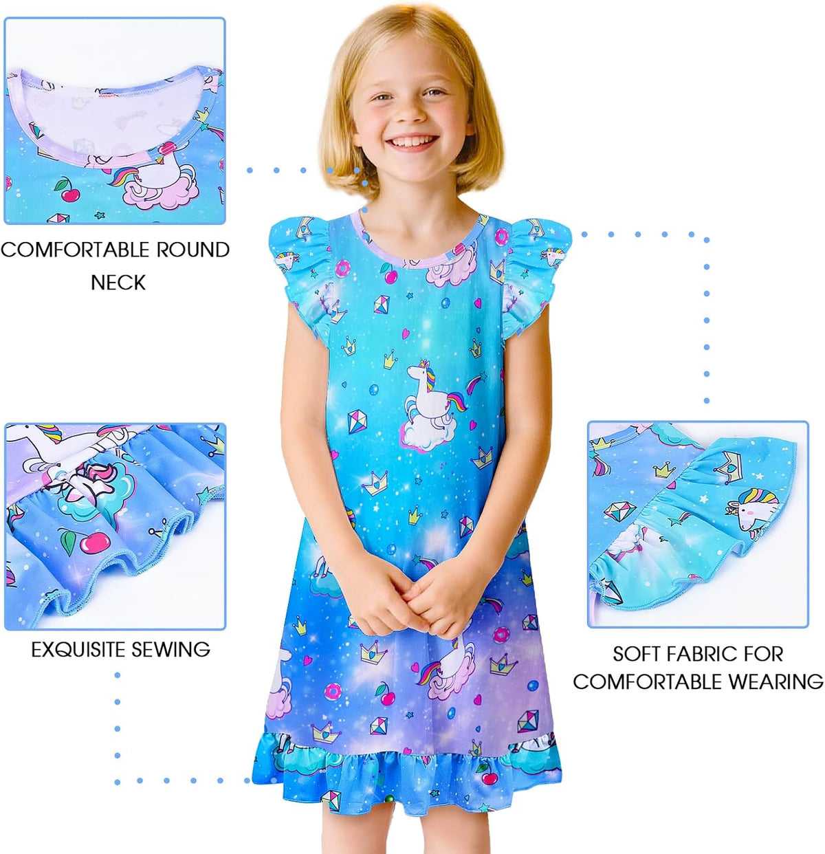 Sylfairy 2pcs Girls Nightgowns, Unicorn Nightgown Princess Pajama Dresses for Girls Sleepwear Nightie