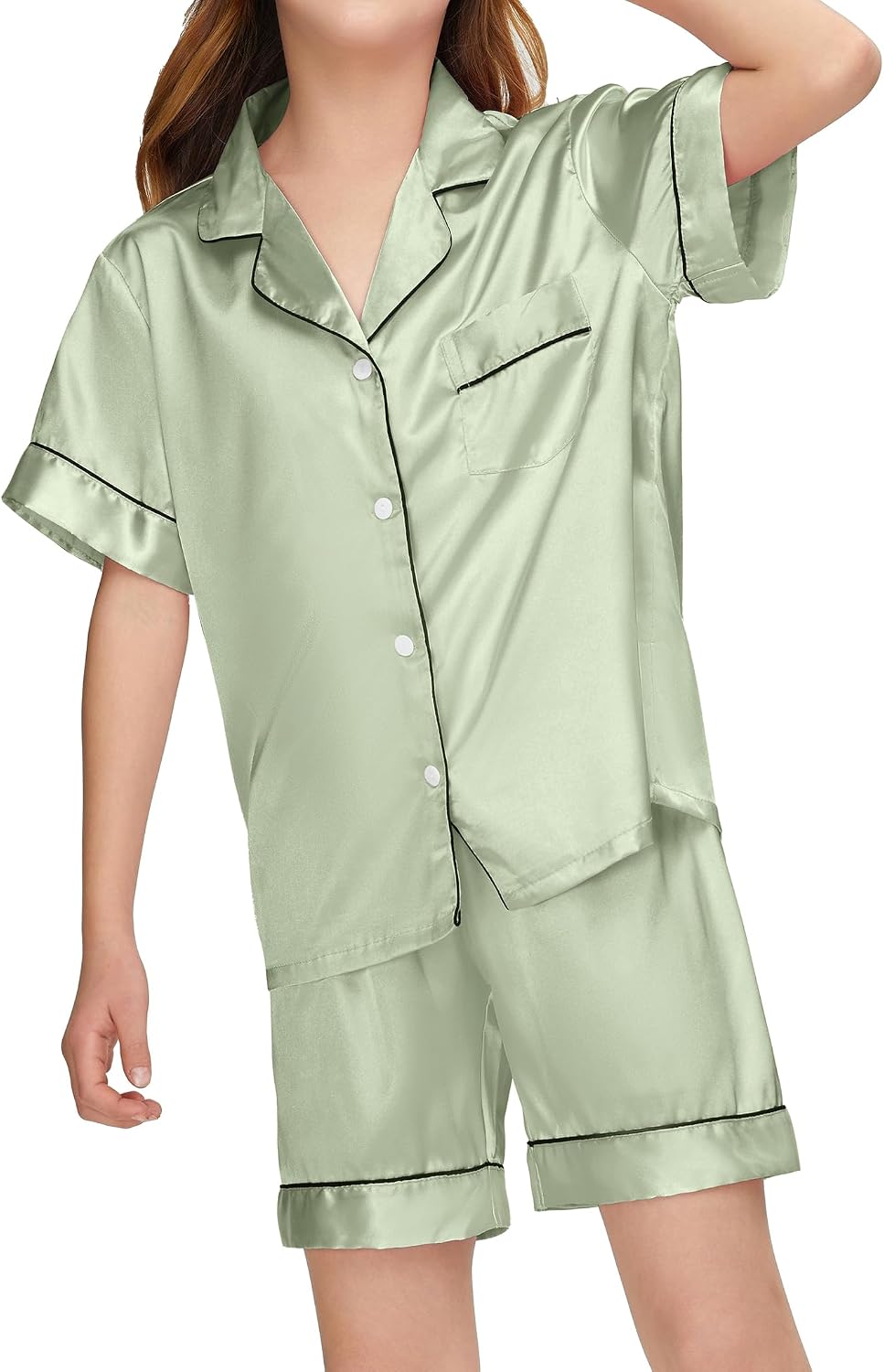 EPLAZA 2Pcs Kids Satin Pajamas Sets Girls Silk Pajamas Button-Down Pjs Set